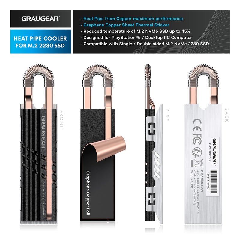 GRAUGEAR Heat Pipe Cooler for M.2 SSD Memory Extension, M.2 2280 NVMe SSD Heatsink, Pure Copper Heat Pipe, Premium Aluminum Plate-Fin Design, Thermally Conductive Graphite on Copper Foil - Image 2